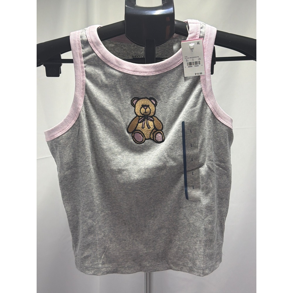 Mighty Fine Teddy Bear Ribbed Tank Top Gray Pink Trim Embroidered Crop Large NEW
